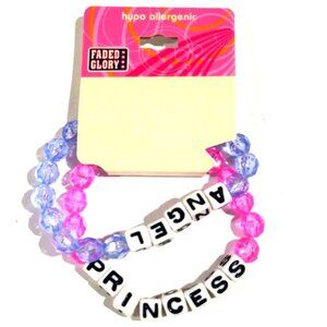 Set of 2 Blue Pink Beaded Stretch Bracelet " Princess" "Angel" - Women's Jewelry